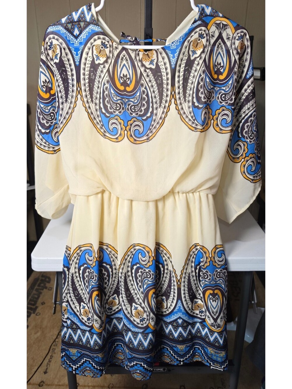 Pink Owl Women's Cream and Blue Patterned Dress, Size M